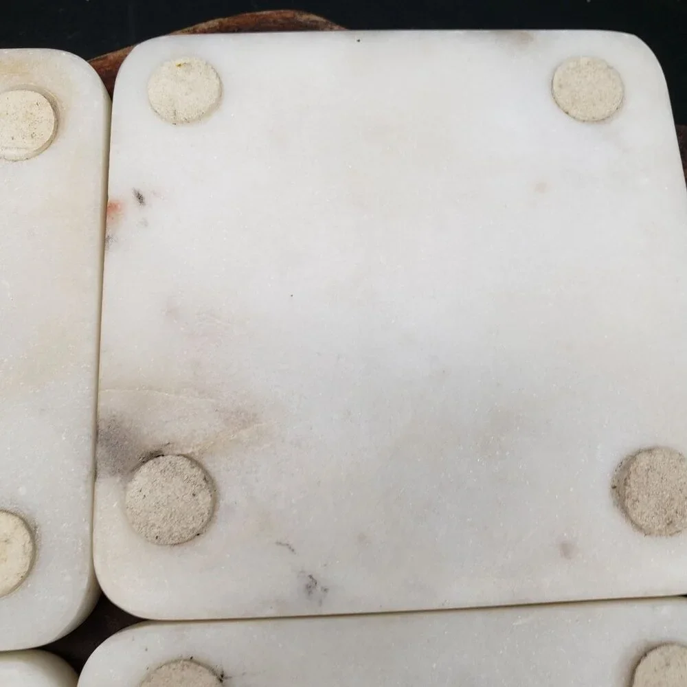 Vintage White Marble Coasters w Brass Inlay Lines 4
